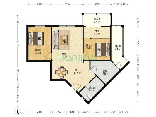 金盾里 2室2厅1卫 93平方