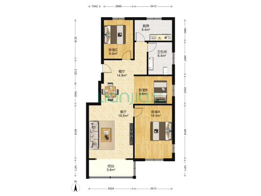 翡翠园 3室2厅1卫 113平方