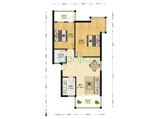 金桂城小区 2室1厅1卫 91平方