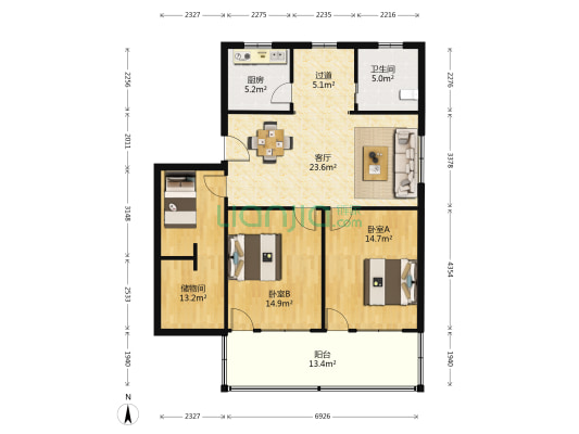 建行住宅 2室1厅1卫 113平方