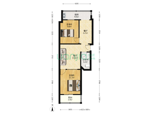 铁路双塔寺C区 2室2厅1卫 62平方