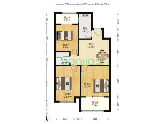 润德天悦城 3室1厅1卫 90平方