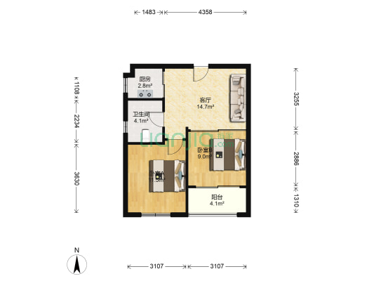 爱乐国际公寓 2室1厅1卫 68平方