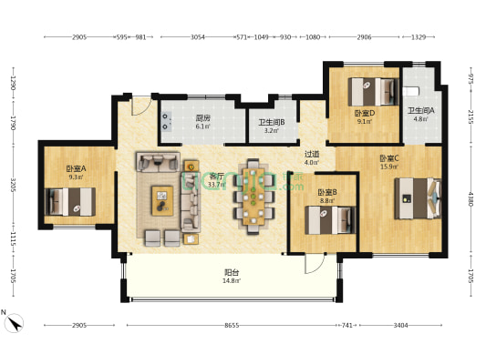 龙湖光年 4室1厅2卫 141平方