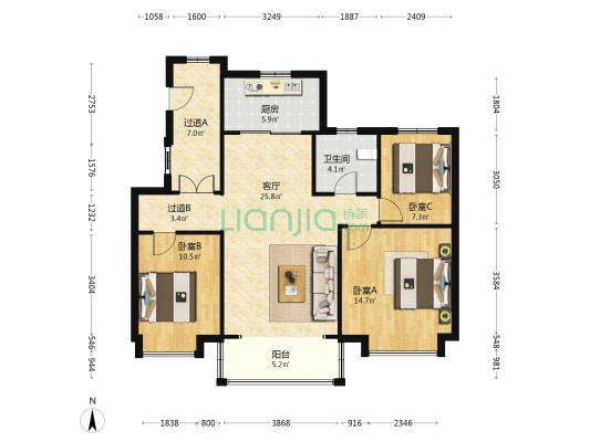 御东汇璟 3室1厅1卫 110平方