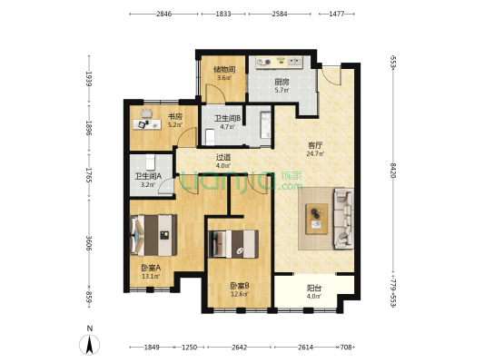 财富公馆 3室1厅2卫 109平方