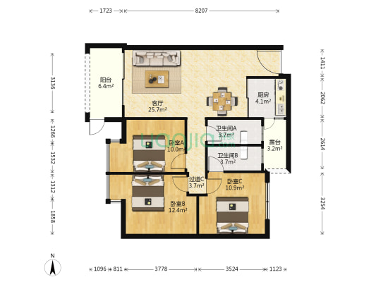 万怡大厦 3室1厅2卫 107平方