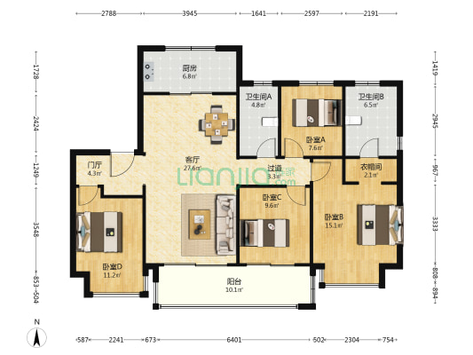 富力山南区 4室1厅2卫 137平方