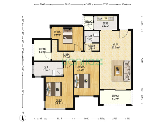 金科城嘉陵江上 3室1厅2卫 110平方