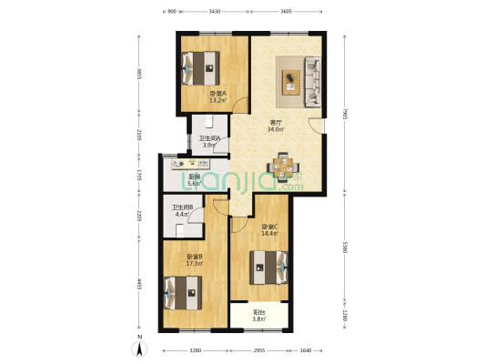 中洋精英公寓 3室1厅2卫 129平方