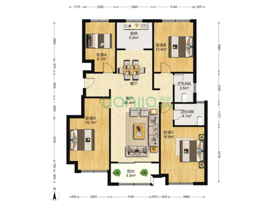 绿地三期 4室1厅2卫 125平方