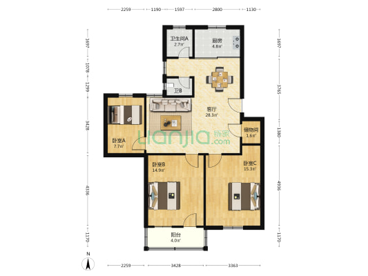 广济医院宿舍区 3室1厅2卫 97平方