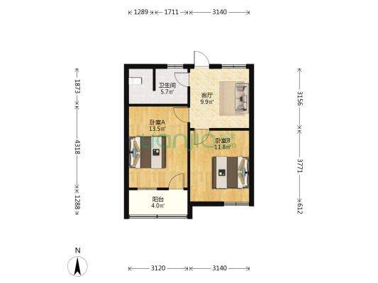 气象局宿舍 2室1厅1卫 57平方