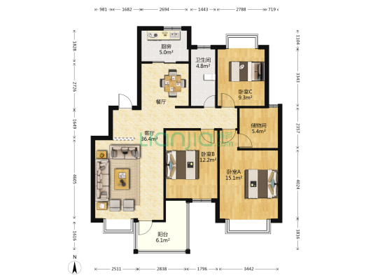 金汇丽舍 3室1厅1卫 115平方