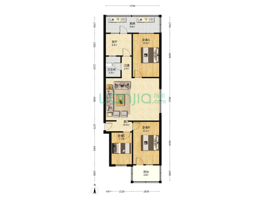 市政家属楼 3室2厅1卫 107平方