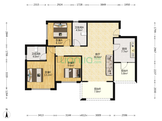 永兴国际公馆Ｂ区 3室1厅2卫 86平方