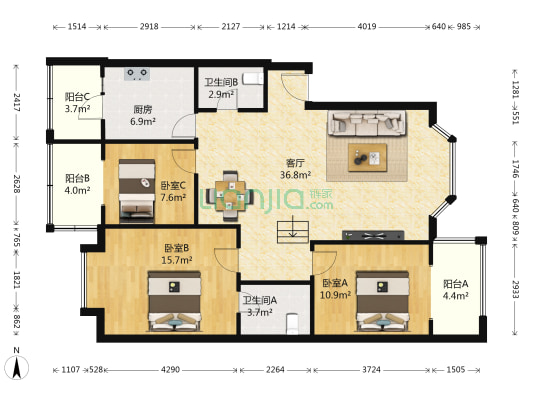 锦赛雅苑 3室1厅2卫 104平方