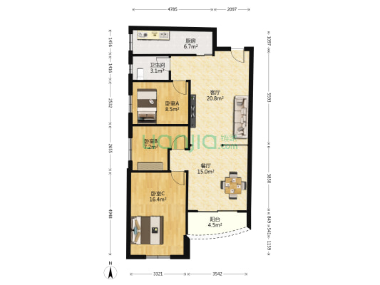 龙基豪庭 3室2厅1卫 90平方