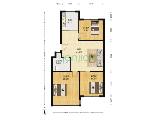 鑫诺花园 3室1厅1卫 95平方