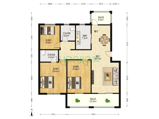 香颂雅苑 3室1厅2卫 129平方