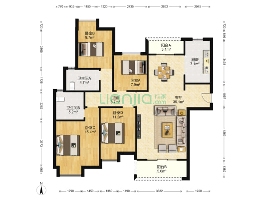 南德长江城 4室1厅2卫 143平方