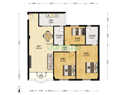 新桂园 3室1厅2卫 119平方