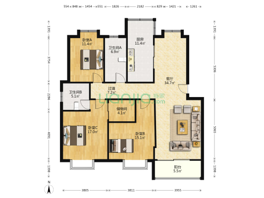 翠竹园B区 3室1厅2卫 136平方