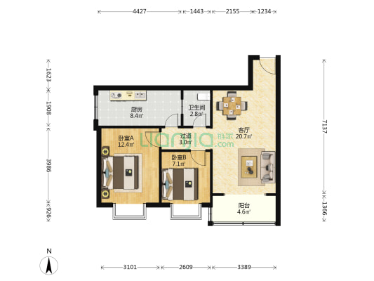 城投花园 2室1厅1卫 76平方
