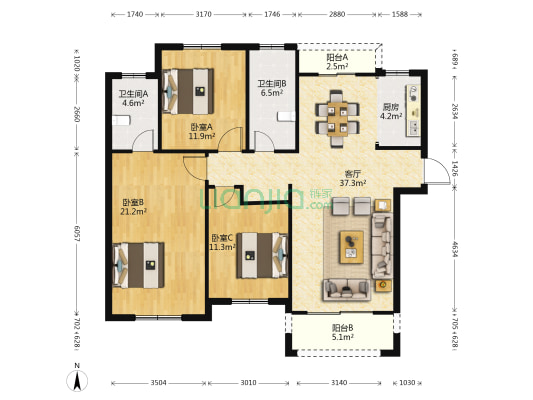 新城天地花园 3室1厅2卫 140平方