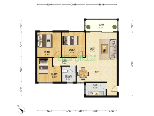 凤山花园A区 3室1厅1卫 90平方