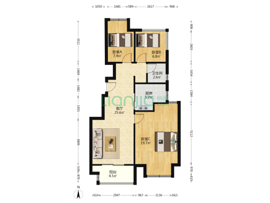 北辰观澜府 3室1厅1卫 87平方
