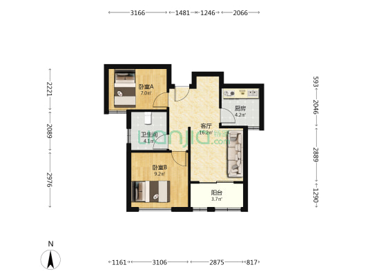 明皇家园 2室1厅1卫 67平方