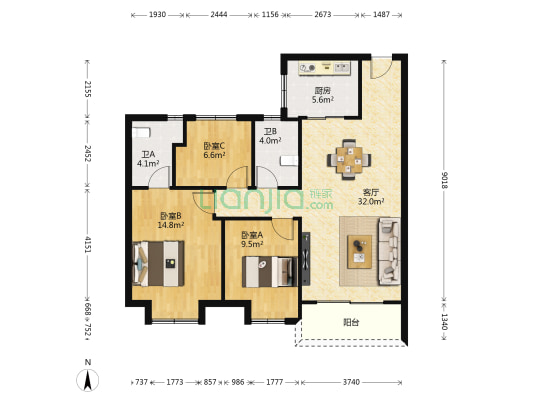 碧桂园珑庭 3室1厅2卫 104平方
