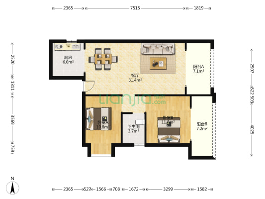 富铭苑 2室1厅1卫 95平方