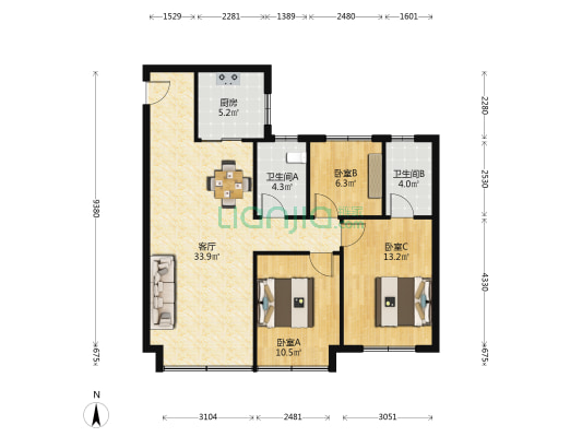 绿城桂语朝阳A区 3室1厅2卫 118平方
