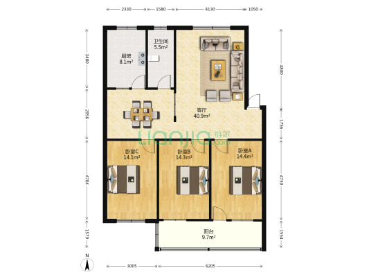 农业局住宅楼 3室1厅1卫 128平方