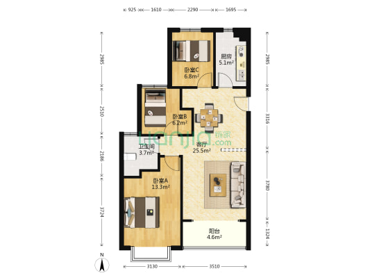 恒大翡翠龙庭 3室1厅1卫 95平方