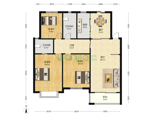 春晓苑 3室2厅2卫 134平方