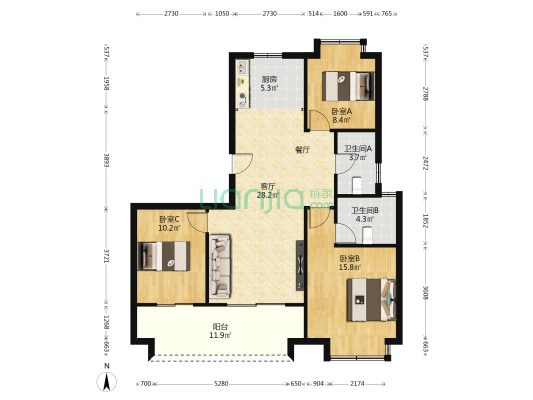 日盛湖湘悦府 3室1厅2卫 115平方