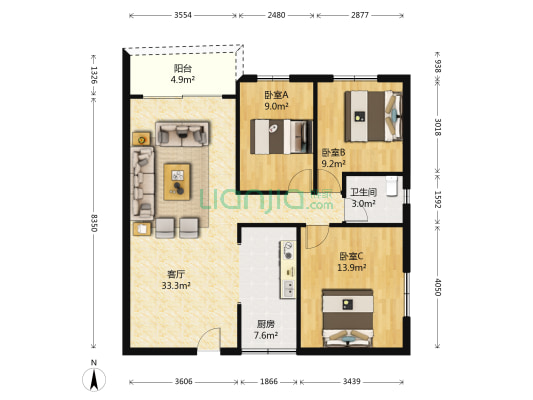 莲通楼 3室1厅1卫 100平方