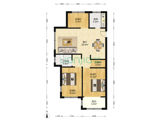 滨沁公寓 3室1厅1卫 89平方