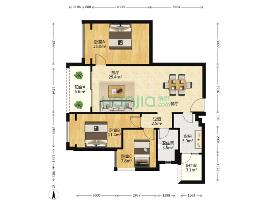 海伦国际里约区 3室1厅1卫 102平方