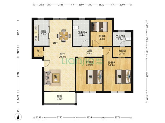 福韵花园 3室1厅2卫 116平方