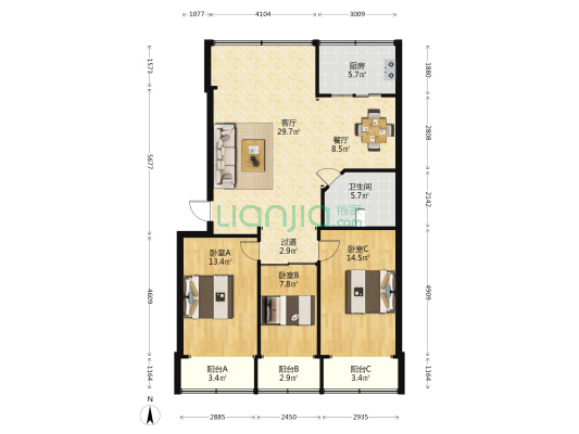 戏校宿舍 3室2厅1卫 115平方