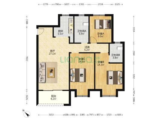 烽火江盛枫苑 3室1厅2卫 125平方
