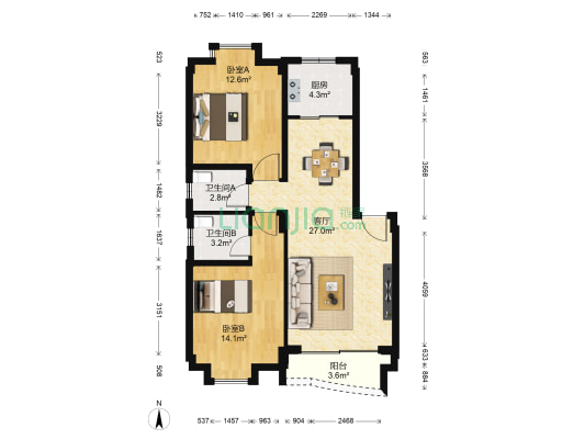 丽江豪庭 2室1厅2卫 91平方