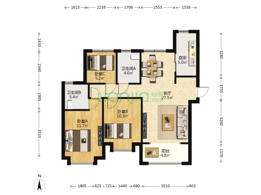 兰亭荟 3室1厅2卫 117平方