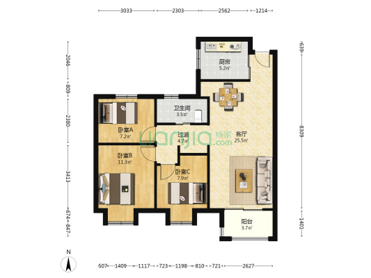 桃湖里花园东苑 3室1厅1卫 98平方