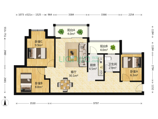 龙光普罗旺斯向日葵 3室1厅1卫 85平方