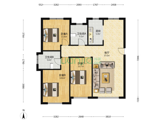 蝶恋兴园 3室1厅2卫 129平方